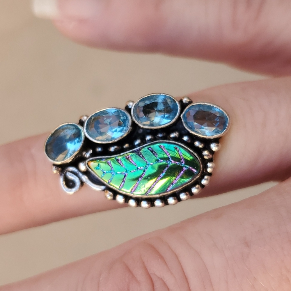 New Carved Rainbow Hematite & Blue Topaz 925 Silver Ring.